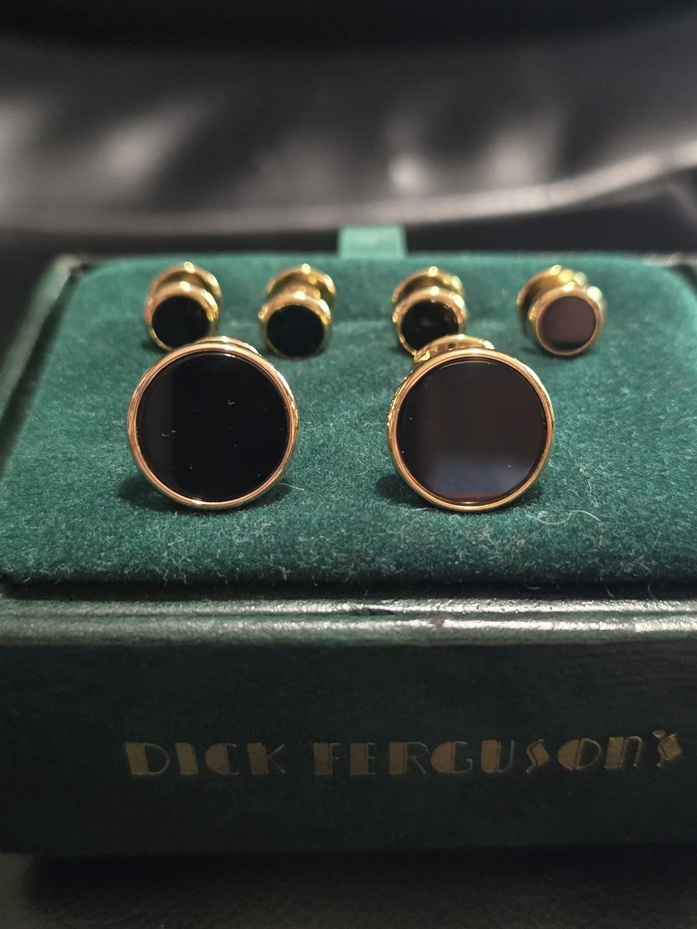 Dick Ferguson's tuxedo cufflink and shirt stud set round black onyx  gold tone